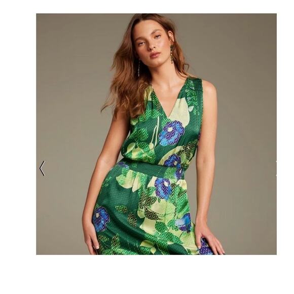 White House Black Market WHBM Green Satin Floral Hi Lo Maxi Dress Sz 4 - Picture 2 of 6